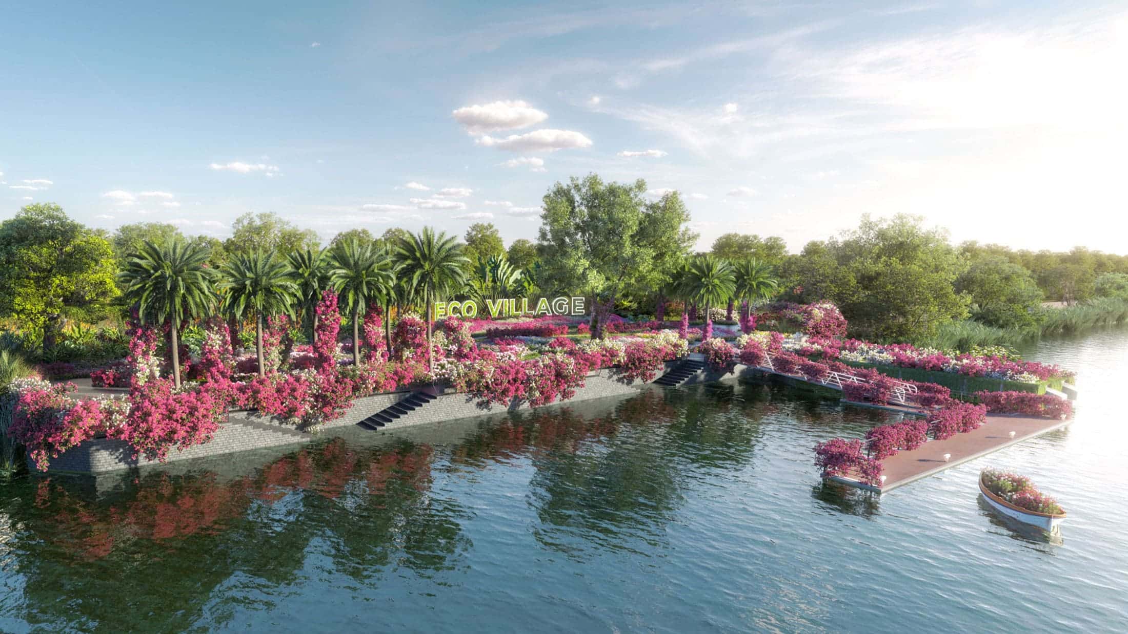 Bến du thuyền ngập tràn sắc hoa tại dự án Eco Sky Park Hải Phòng.